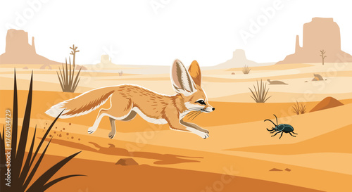 A fennec fox chases a beetle across a desert landscape with mesas in the background.
