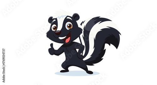 Cartoon skunk character giving a thumbs up and smiling with a white stripe down its back.
