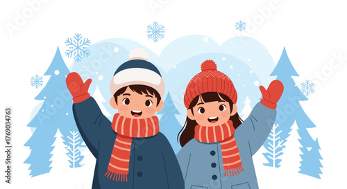 Two happy children wearing winter hats and scarves wave in a snowy forest with blue pine trees and snowflakes.