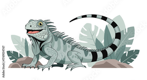 A cartoon iguana with grey scales and a long, striped tail sits among tropical plants and rocks.