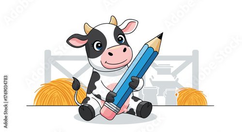 Cute cartoon cow holding a large blue pencil, sitting in a farm setting with hay bales.