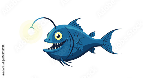 A cartoon anglerfish with a glowing lure and sharp teeth swims to the right.