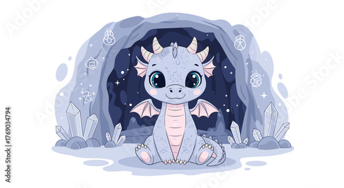 Cute baby dragon sitting in a crystal cave with magical symbols.