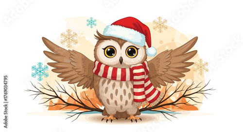 Cute cartoon owl wearing a Santa hat and striped scarf with snowflakes in winter.