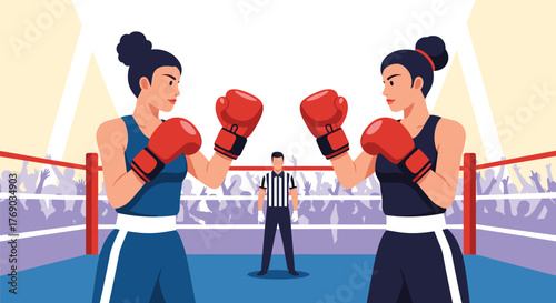 Two female boxers face off in a boxing ring with a referee standing between them and a crowd cheering in the background.