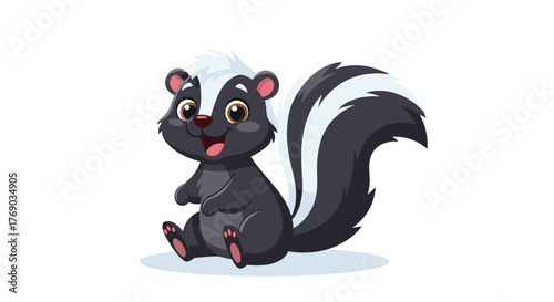 Cute cartoon skunk sitting on a white background with its tail raised.