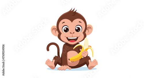 Cute cartoon baby monkey sitting and eating a banana with a happy expression.