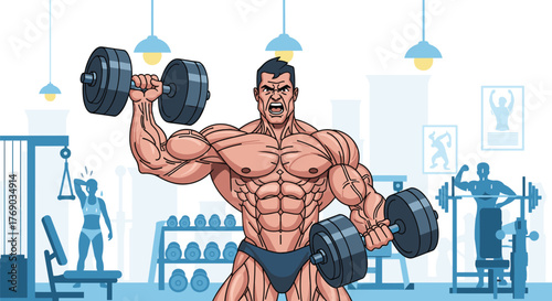 Muscular bodybuilder lifting heavy dumbbells in a gym with other people working out.