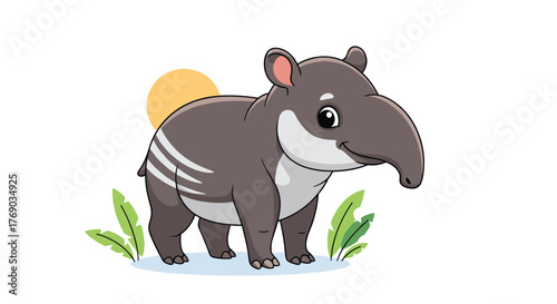 Cute cartoon tapir standing in grass with a sun in the background.