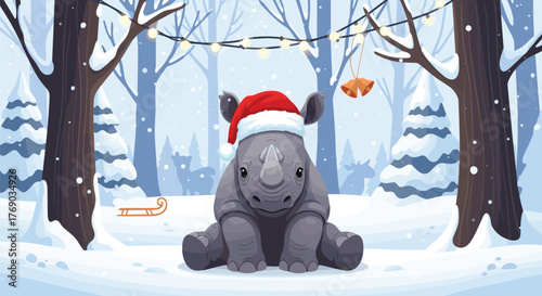 Cute cartoon rhinoceros wearing a Santa hat in a snowy forest with festive lights and decorations.