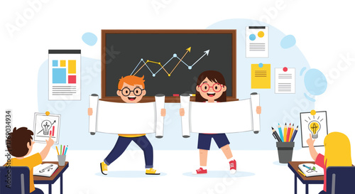 Happy children in a classroom holding blank scrolls in front of a blackboard with a graph.