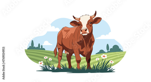 Brown cow standing in a green field with flowers and rolling hills in the background.