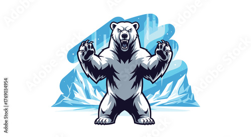 Aggressive polar bear standing on ice with claws raised in a threatening pose.