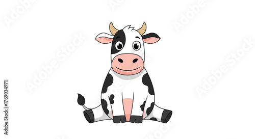 Cute cartoon cow sitting with a friendly expression and black and white spots.