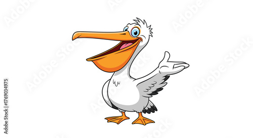 Cartoon pelican with open beak and webbed feet gesturing with its wing on a white background.