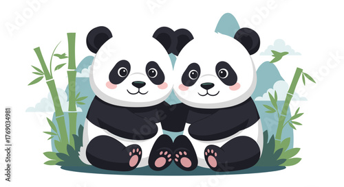 Two cute cartoon pandas sitting together amongst bamboo and mountains.