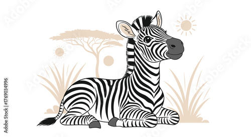 Cute cartoon zebra lying down in a savanna landscape with acacia trees and sun.