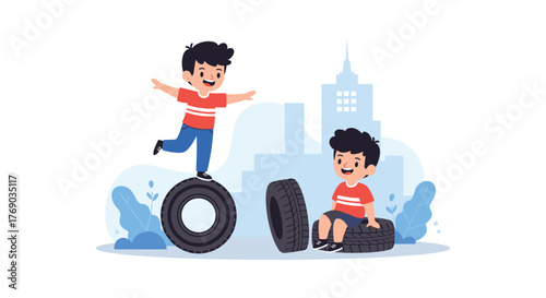 Two happy boys playing with tires in front of city buildings and blue abstract plants.