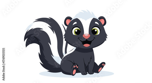 Cute cartoon baby skunk sitting and smiling with a fluffy tail on a white background.