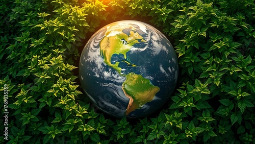 Earth globe enveloped by vibrant greenery under a glowing atmospheric light.