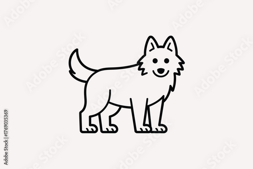 Simple line drawing of a happy white dog standing
