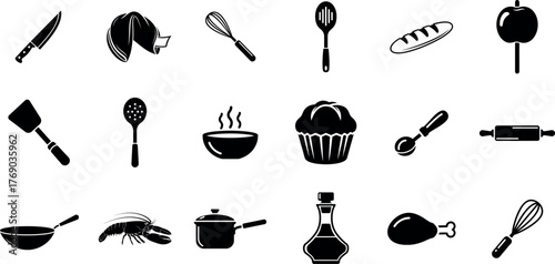 Collection of kitchen utensil and food icons in a simple black silhouette style for cooking and baking themes silhouette