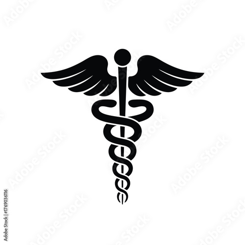 Black caduceus symbol with wings and serpent on white background