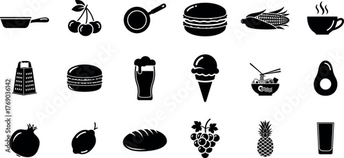 Collection of hand drawn food and drink icons in a black silhouette style for culinary themes
