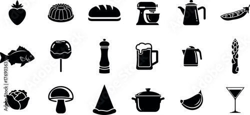 Collection of black food and drink icons in a clean silhouette style on a white background