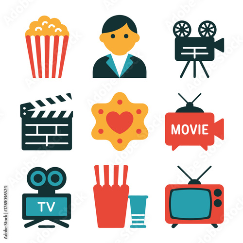Collection of movie and entertainment icons for cinema and film themes