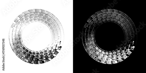 Dynamic abstract spiral sound wave rhythm lines. Circular spiral sound wave rhythm of lines. Circular futuristic abstract lines, black and white background.	
