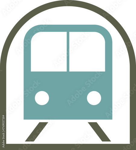 Subway train icon entering dark tunnel graphic for public transportation and urban transit themes