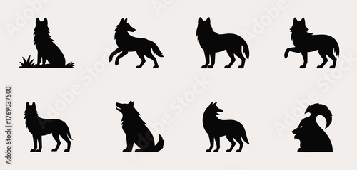 Collection of black wolf silhouettes in various poses on a light background