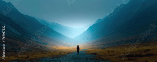 A man walking through a dark valley toward the heavenly concept. A solitary figure walking through a majestic, misty valley.