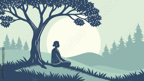 Silhouette of person meditating under a tree with mountains and sun in the background in muted colors