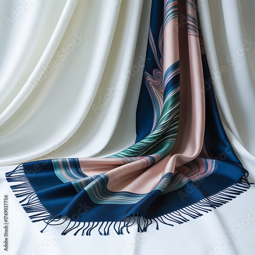 Elegant silk scarf with intricate patterns draped gracefully against a soft, white fabric backdrop, showcasing its texture