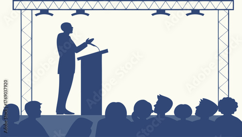Silhouette of a speaker at a podium addressing an audience under stage lighting and support structure