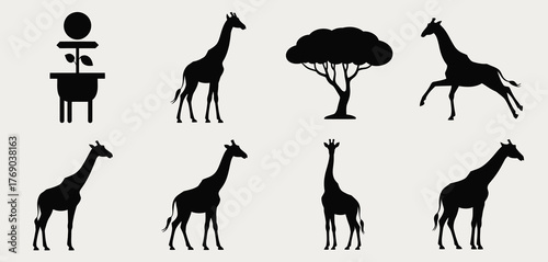 Collection of silhouette giraffes and african acacia tree on beige background