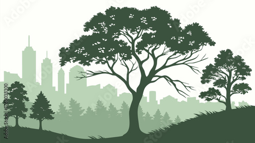 Silhouette of trees in a park with a city skyline in the background on a foggy day in a green tone