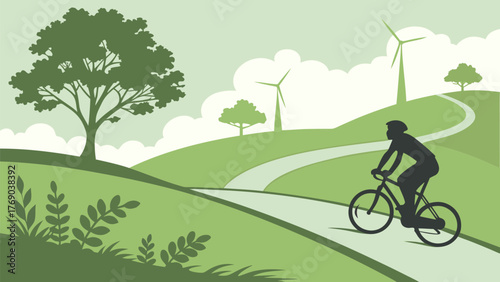 Silhouette of a cyclist riding on a path through a green landscape with trees and wind turbines in the background