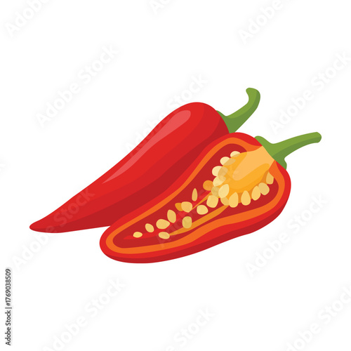 Two red chili peppers, one whole and one sliced open.