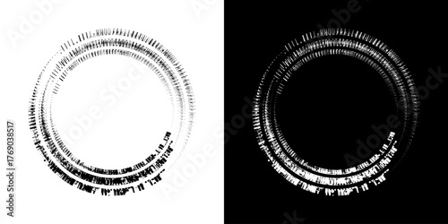 Dynamic abstract spiral sound wave rhythm lines. Circular spiral sound wave rhythm of lines. Circular futuristic abstract lines, black and white background.	
