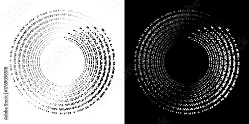 Dynamic abstract spiral sound wave rhythm lines. Circular spiral sound wave rhythm of lines. Circular futuristic abstract lines, black and white background.	
