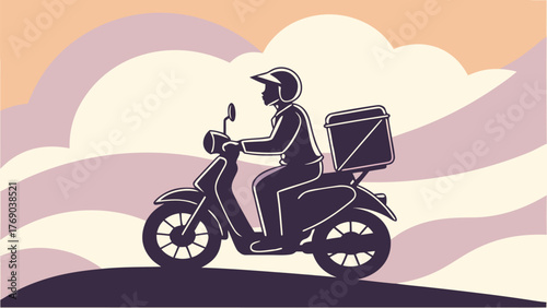 Delivery driver on a scooter with a delivery box against a stylized background of clouds and sky area