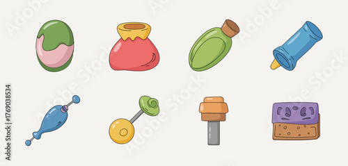 Collection of colorful cartoon cosmetic and beauty product illustrations