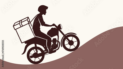 Silhouette of delivery person on motorcycle riding uphill with a box on the back in brown and white
