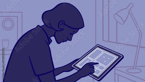 Woman interacting with a tablet displaying a grid layout in a room with a lamp and wall decorations