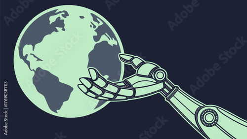 A robotic arm reaching for a stylized globe against a dark background symbolizing technology and global reach