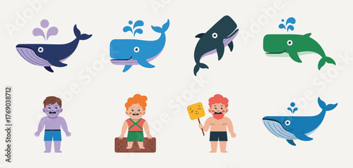 Collection of cartoon whales and people in different poses