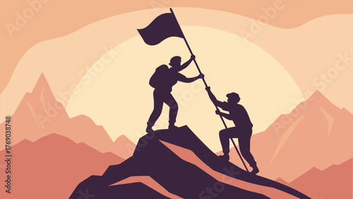 Two silhouetted figures collaborate to plant a flag atop a mountain peak against a sunset backdrop scene